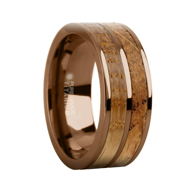 8mm Real Whiskey Barrel Wood Twin Inlay Titanium Wedding Ring